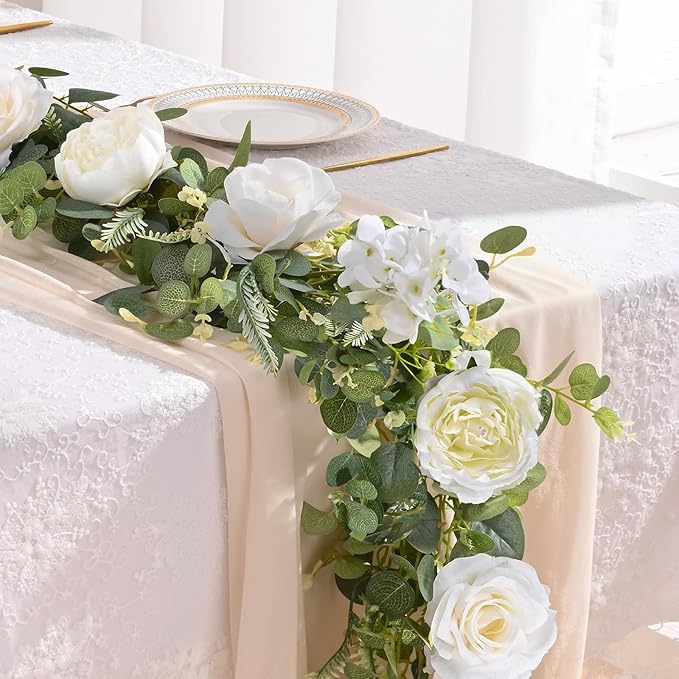 Livole 6 FT Artificial Flower Garland Real Touch Fake White Floral Rose Peony Garland with Eucalyptus Flower Hanging Vine for Wedding Table Centerpieces Backdrop Party Arch Home Decorations