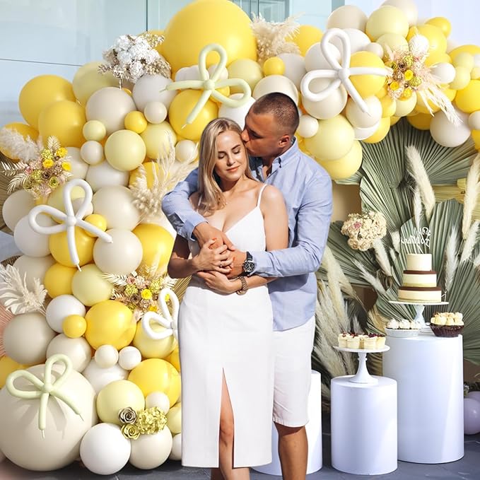 Mustard Yellow Bow Balloon Arch Kit, Sand White Pastel Yellow Balloon Garland Kit, Yellow White Latex Party Balloons for Bee Birthday Wedding Baby Shower Gender Reveal Boho Bee Party Decoration