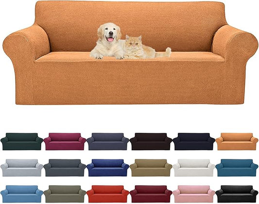 Cupuamon 2026 New Stretch Sofa Slipcovers Couch Cover for 3 Cushion Furniture Protector Sofa Covers with Elastic Bottom Jacquard Fabric Small Checks for Pets, Kids -Sofa, Golden