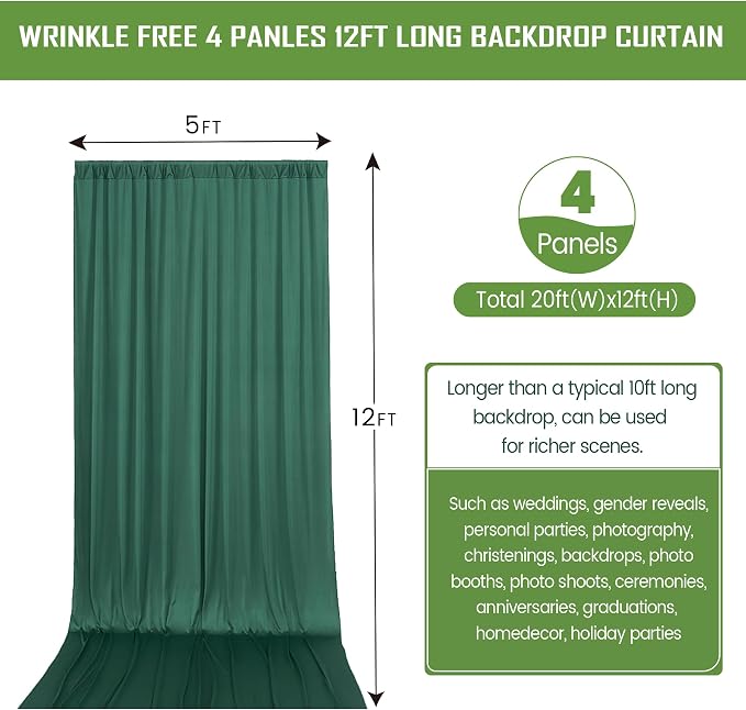 20ftx12ft Hunter Green Backdrop Curtains for Wedding-Wrinkle Free Backdrops Curtain Drapes Fabric Decorations Photo Back Drop Cloth for Baby Shower Photography Stage Reception 4Panels 12ft(H) x 5ft(W)