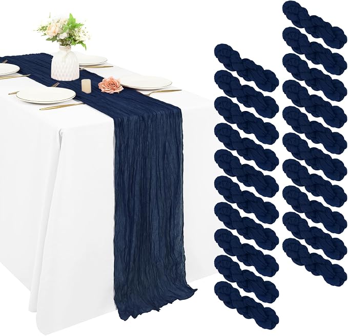 20 Pack Cheesecloth Table Runner 17 x 108 inch Long Boho Gauze Table Runners Semi Sheer Table Runner for Wedding Decor, Baby Shower, Birthday Party, Banquet (Navy Blue)