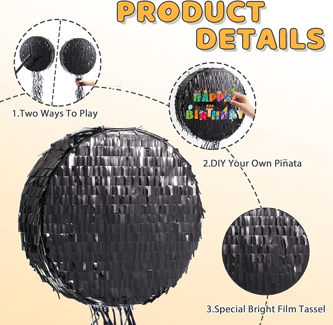 WERNNSAI Black Round Piñata for DIY - Halloween Black Moon Piñata for Kids DIY Birthday Party Disco Decoration for Adult Night Party Supplies with Confetti Bat Blindfold, 12.2”x 12.2”