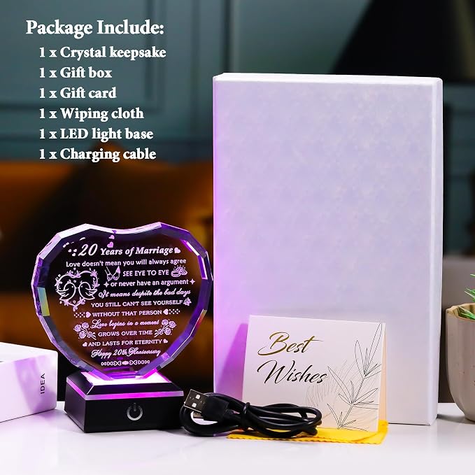 Arikyrist 20th Wedding Anniversary Crystal Heart Gifts for Couples, Laser Engraved Romantic 20 Year Anniversary Crystal Keepsake Gifts for Wife Husband, 20 Years of Marriage Gift for Her Him Friends