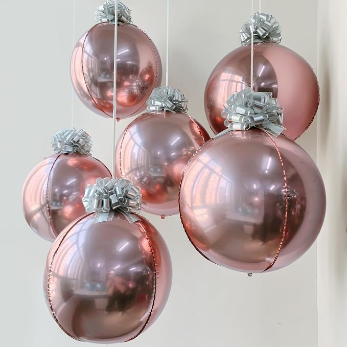 6 Pack Rose Gold 4D Orb Balloons - 22 Inch Large Metallic Sphere Mylar Balloons with Pull Bows, Hanging Ceiling Decorations for Bridal Shower, Bachelorette Party, Wedding & Engagement Decor