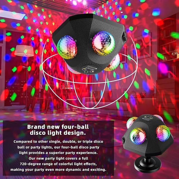 4 Disco Ball in 1 Party Lights Indoor Outdoor, Dj Laser Lights for Parties Decor Strobe Sound Activated Stage Disco Dj Light with Remote for Karaoke Birthday Wedding Club Christams
