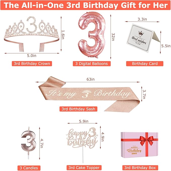 3rd Birthday Decorations for Girls, Including 3rd Birthday Sash and Tiara, Cake Topper and Candle, Number Balloon, 3 Year Old Gifts for Girls