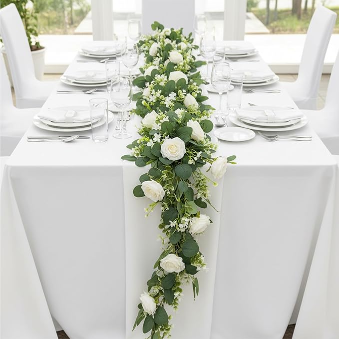 SHENLIU 4 Pack 26Ft Artificial Eucalyptus Flower Garland with White Roses, Faux Rose Vine Gypsophila Greenery Garland Floral Vines for Wedding Home Party Table Decor