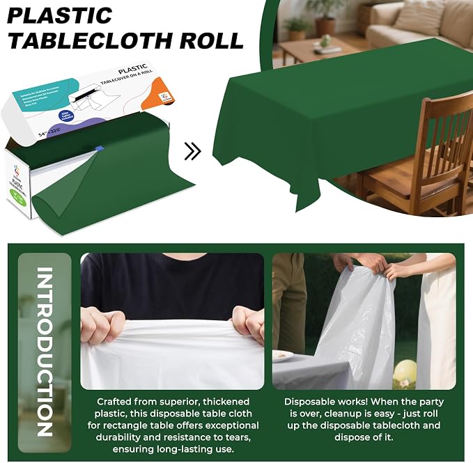 54IN X 320FT Plastic Table Cover Roll with Cutter Box, Cut to Size Plastic Table Cloths for Parties, Birthday, Disposable Tablecloth Roll for All Shape Tables (Green, 54 Inch X 320 Feet)
