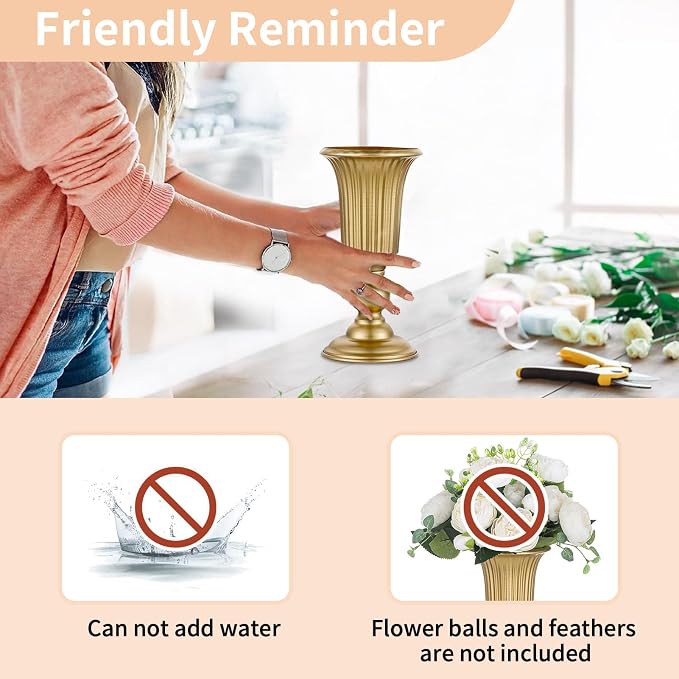 Nuptio Pcs of 2 Flowered Metal Trumpet Vase Elegant Wedding Centerpieces Vase for Wedding Party Decoration, 23.2cm/9.13" Tall Artificial Flower Arrangements for Anniversary Ceremony