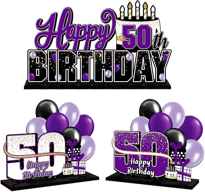 LINGTEER Happy 50th Birthday Purple Acrylic Table Topper Centerpieces Set - Cheers to Fifty Years Old Birthday 50th Bday Party Gift Decorations.