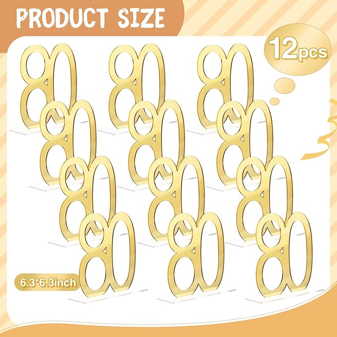 Threehoney 12 Pcs Mirror Gold 80th Birthday Decorations for Men and Women Acrylic Anniversary Decorations Table Numbers Centerpieces for Birthday Party