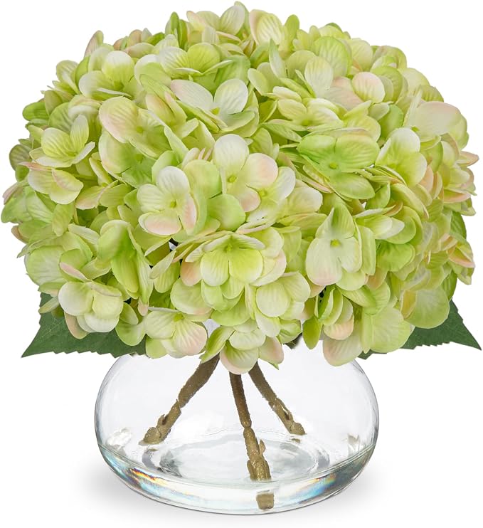 Hollyone Green Hydrangea Artificial Flowers with Glass Vase Silk Faux Flowers Arrangements in Vase with Faux Water Fake Floral Bulk Bouquet for Home Decor Table Centerpiece Decorations