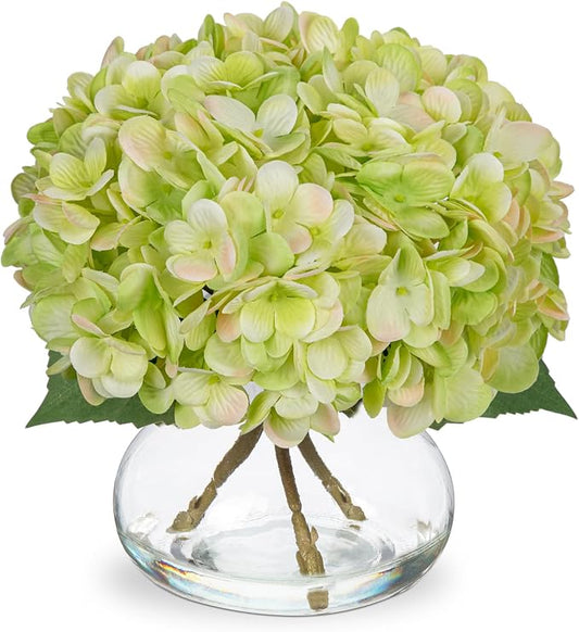 Hollyone Green Hydrangea Artificial Flowers with Glass Vase Silk Faux Flowers Arrangements in Vase with Faux Water Fake Floral Bulk Bouquet for Home Decor Table Centerpiece Decorations