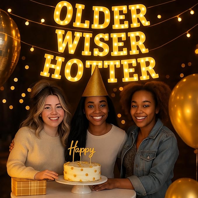 Honoson 16 Pcs Older Wiser Hotter Lights up Sign 6.5 Inch Birthday Party Decorations LED Letter Lights Sign Table Decoration for Women 30th 40th 50th 60th 70th 80th Party Birthday Supplies Decorson