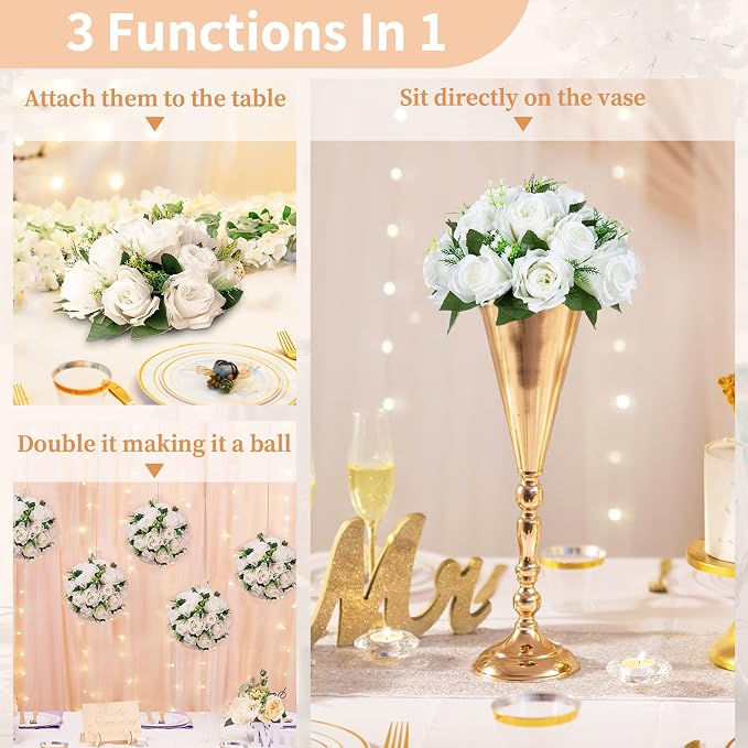 NUPTIO White Flower Centerpieces for Wedding Tables, Artificial Flower Ball | 2 Pcs 9.5 inch, Fake Floral Rose Arrangement for Birthday Party, Bridal Shower, Quinceanera Decorations