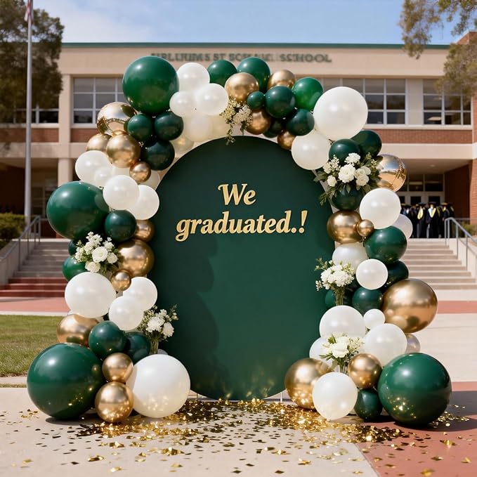 Emerald Green White Gold Balloon Arch Kit, Double Stuffed Dark Green Balloons Hunter Forest Green Chrome Gold Pearl White Sand Ivory Balloons for Wedding Birthday jungle Safari Party Decorations