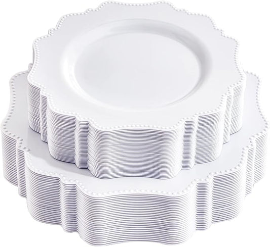 COLOSUS 60PCS White Plastic Plates for 30 guests-Fancy Plastic Beaded Plates,Plastic Plates for Party, Elegant White plates,Include 30 PCS 10.5" Dinner plates & 30PCS 8.25" Dessert plates for easter