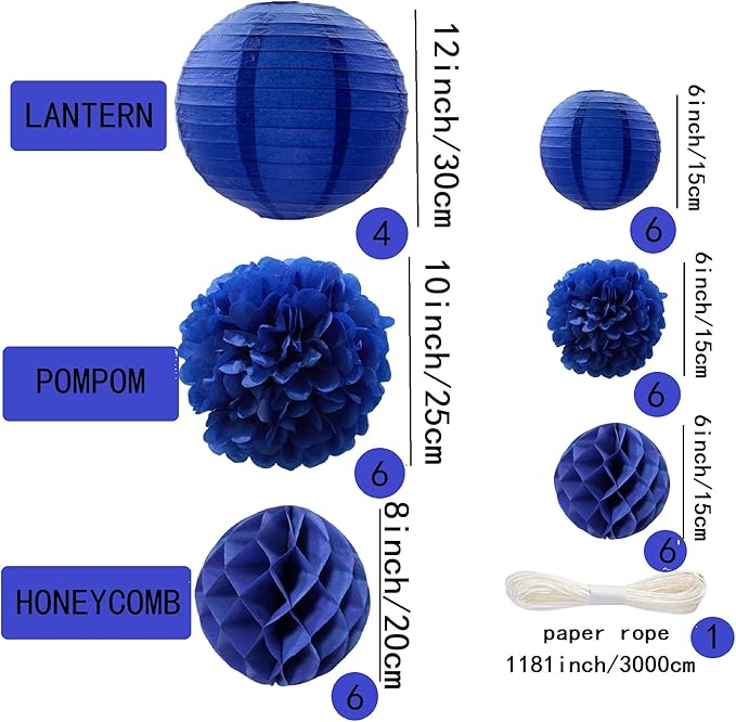 WOLHOWLTD Navy Blue Paper Decoration Set - 34 Pcs Paper Lanterns, Pompoms, Honeycomb for Wedding,Ocean Theme, EID Mubarak,School Day,Baby Shower, Birthday Party Classroom,Home Decoration (Navy Blue)