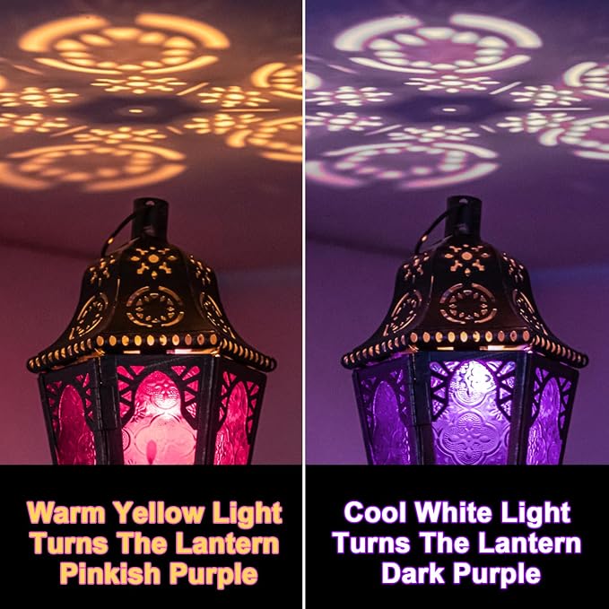 Moroccan Decorations Indoor, 13.6’’ Lantern Decorative Outdoor, Halloween Style Hanging Lantern with Chain for Home Porch Patio Decor, Vintage Metal Christmas Ramadan Candle Holders(Purple)