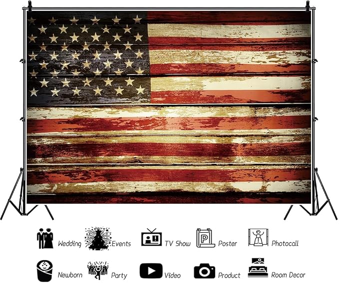 Laeacco 12x8ft Vintage American Flag Backdrop Rustic Wooden Board Happy Independence Day Photography Background for Patriotic Memorial National Day Decoration Veterans Party Banner Photo Booth Props