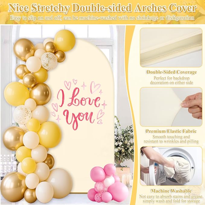 Jupwalz Arch Backdrop Stand and Cover Set, Metal Arch Stand with Rich Balloon Tool for Wedding Birthday Baby Shower Graduation Event Balloon Flowers Decor, Easy to Assemble (7.2FT, Beige)