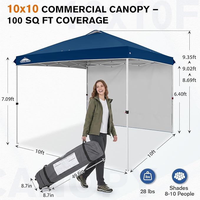 EAGLE PEAK Commercial Canopy 10x10 Pop Up Canopy Tent with 1 Sidewall, Easy Setup Heavy Duty Instant Event Shelter for Vendors & Markets, Outdoor Sun Shade, Dark Blue