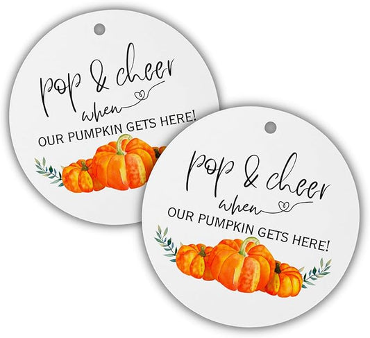 Pop & Cheer When Our Pumpkin Gets Here Hang Tags | 30 pk 2.5” Circle Mini Champagne Baby Shower Party Favor Tags Pop It When She Pops Labels Fall Themed Gender Reveal