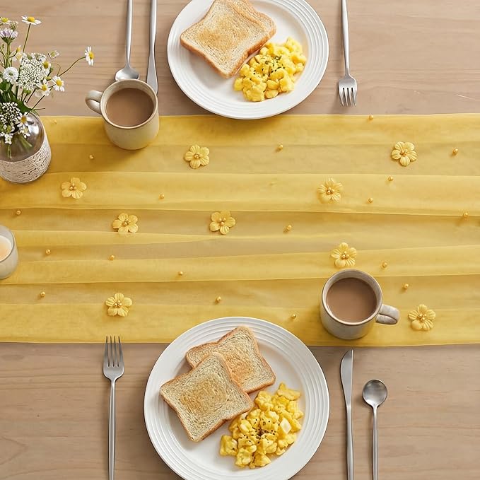 Artoid Mode Yellow Flower Pearl Yellow Gauze Table Runner 10FT 3PC, Seasonal Sheer Dining Holiday Wedding Birthday Baby Shower Table Decor for Home Party