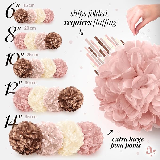 Boho Paper Pom Poms - Blush Pink Tissue Paper Flowers - Pink Decorations for Birthdays, Bridal Shower Decor, Boho Baby Shower Decorations for Girls, Birthday Decor for Women, Tea Party Showers