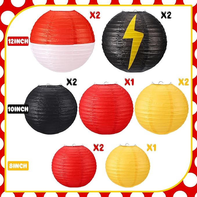 Weysat 12 Pcs Cartoon Ball Animation Themed Hanging Paper Lanterns Cartoon Game Anime Themed Red Black Yellow and White Round Lantern Decorations for Birthday Party Shower Classroom Home Decor