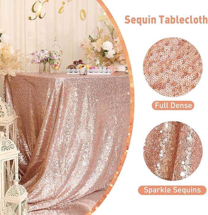 Poise3EHome Rose Gold Sequin Tablecloth 50×72 Inch Rectangle Table Cover Overlay for Birthday Wedding Party Holiday Baby Shower Christmas Decoration