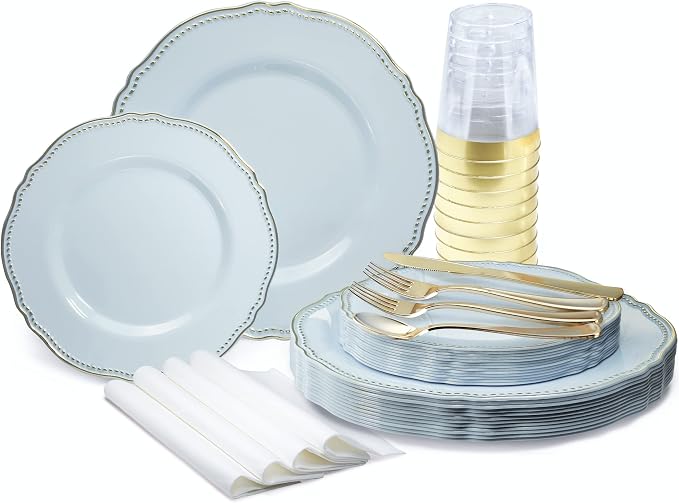 " OCCASIONS " 200pcs set (25 Guest)-Wedding Disposable Plastic Plates & cutlery - 10.25'', 7.5'' +paper napkins, Gold rim cups & Silverware (Rochelle Blue and Gold)