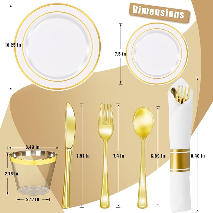 Zcaukya 350 PCS Gold Plastic Dinnerware for 50 Guests, Elegant Disposable Utensils Set with 100 Plates, 50 Pre-Wrapped Napkins, 50 Cups, 50 Spoons, 50 Forks and 50 Knives for Birthday Parties Weddings