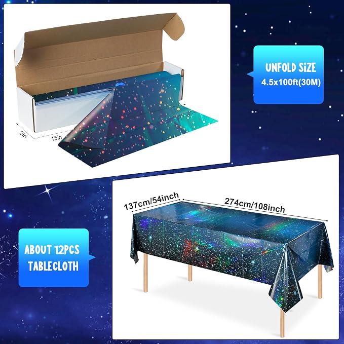 100Feet X 54 Inch Roll Iridescent Space Tablecloths Disposable Plastic Blue Galaxy Table Cloth Rectangle Roll Table Covers for Space Starry Night Star Theme Party Birthday Party Decorations
