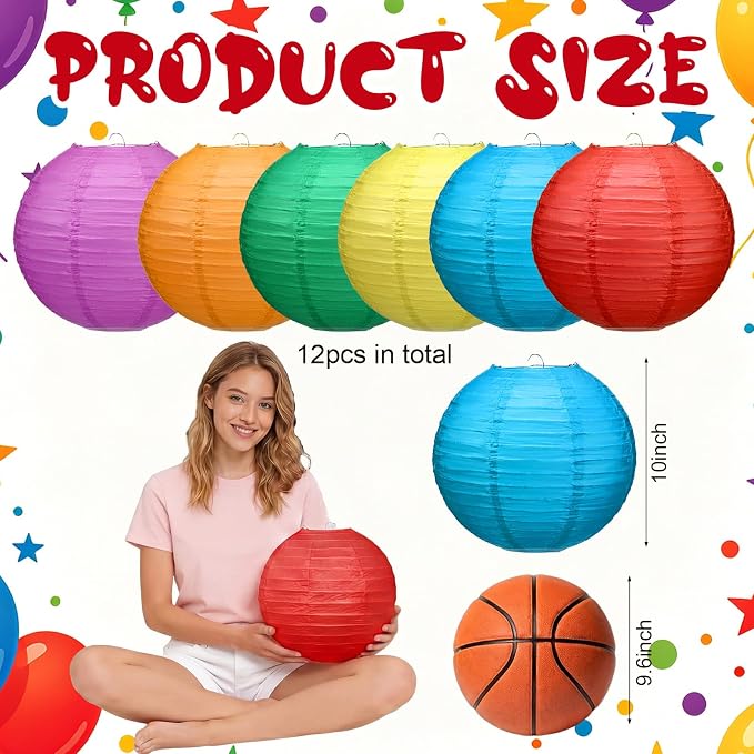 Retisee 12 Pcs 10 Inch Hanging Paper Lanterns Party Decorations Colorful Rainbow Classroom Decor for Birthday Back to School Party Decoration for Classrooms Wedding Birthday Ceilings