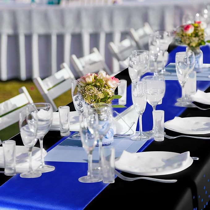 Breling 16 Pack Black and Blue Disposable Plastic Tablecloths and Satin Table Runner Set, 54 x 108 Inch Tablecloth, 12 x 108 Inch Table Runners for Wedding Graduation Birthday Baby Shower New Year