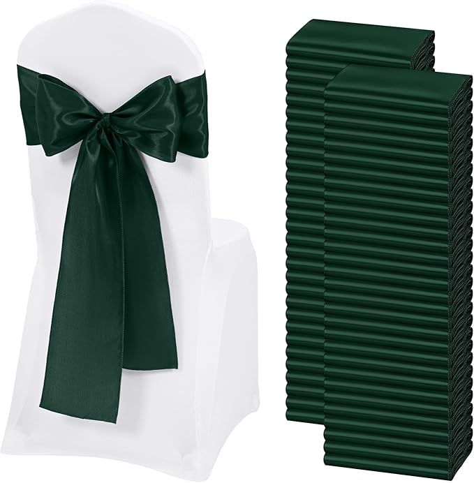 60 PCS Emerald Green Satin Chair Sashes, Ties Bows Designed Chairs Decorative, Chair Cover Sashes for Thanksgiving Wedding Christmas Banquet Party Home Kitchen Decoration (7 x 108 inch)