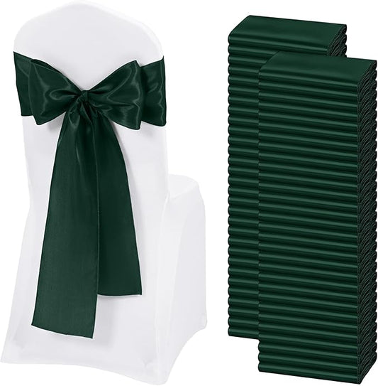 60 PCS Emerald Green Satin Chair Sashes, Ties Bows Designed Chairs Decorative, Chair Cover Sashes for Thanksgiving Wedding Christmas Banquet Party Home Kitchen Decoration (7 x 108 inch)
