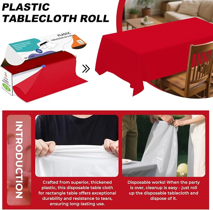 54IN X 160FT Plastic Table Cover Roll with Cutter Box, Cut to Size Plastic Table Cloths for Parties, Birthday, Disposable Tablecloth Roll for All Shape Tables (Red, 54 Inch X 160 Feet)