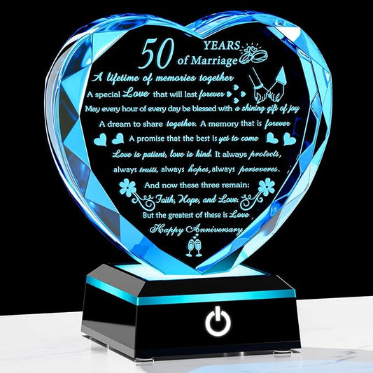 50th Wedding Anniversary Crystal Gifts for Couples Parents with Colorful LED Base Heart Romantic Happy 50th Anniversary Plaque Gift for Husband Wife 50 Years of Marriage Gifts for Her Him