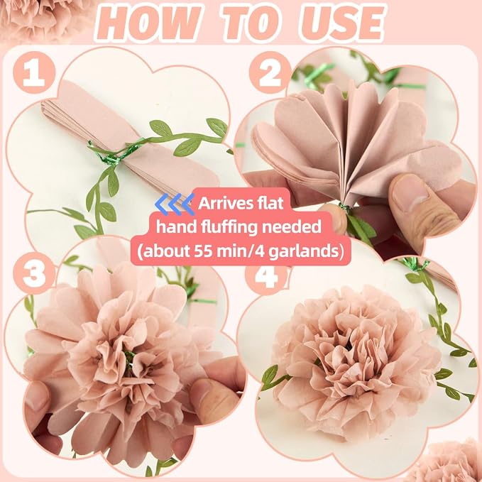 Homarkable Pink Tissue Paper Pom Pom Garlands, Paper Flowers for Birthday Decorations, Baby Shower, Wedding Engagement, Bridal Shower, Spring Summer Party Decorations, 4 Pcs
