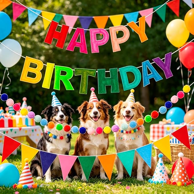 Pre-Strung 3D Rainbow Happy Birthday Banner, 3 PCS Happy Birthday Felt Sign, Pom Pom Garland, Triangle Fabric Bunting, Colorful Reusable Birthday Decorations for Women Men Girls Boys