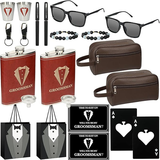 Set 2 Groomsmen Proposal Gifts - Groomsmen Gift Box with Leather Bag，Tuxedo Flask, Funnel，Shot Glasse，Poker Card Bottle Openers, Sunglasses, Pen，Bracelet, Card & Gift Bags for Wedding Party （Brown）