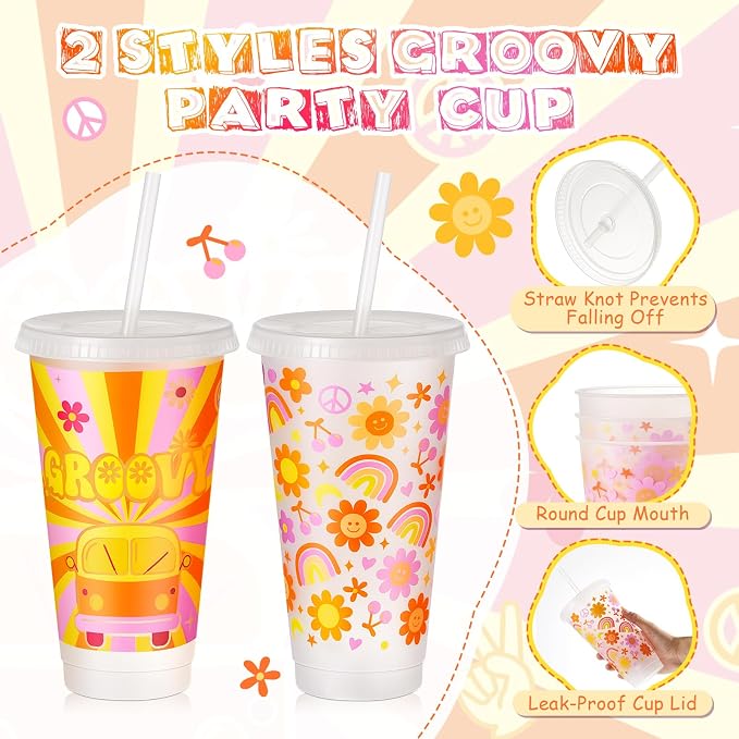 Uiifan 12 Pcs Groovy Plastic Cups Groovy Party Decorations Plastic Tumbler with Lid and Straw 24oz Reusable Boho Retro Hippie Cups for Hippie Birthday Party Wedding Decorations