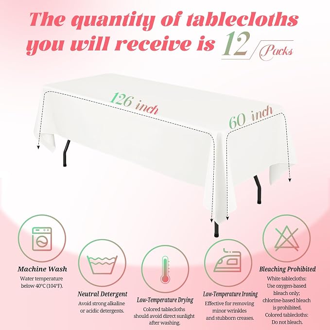 Teruntrue 12 Packs Ivory Tablecloths 60x126 inch Rectangle Table Cloth for 8 Foot Rectangle Tables, Washable Polyester Fabric, for Wedding Parties Banquet Holiday Dinner Table Decorative, Ivory