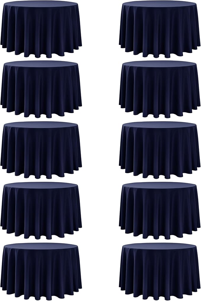 10-Pack Navy Blue Round Tablecloths, 108 Inches, Stain-Resistant Polyester for 4-5 Ft Round Tables - Washable Table Covers for Weddings, Banquets, Birthday Parties, Events