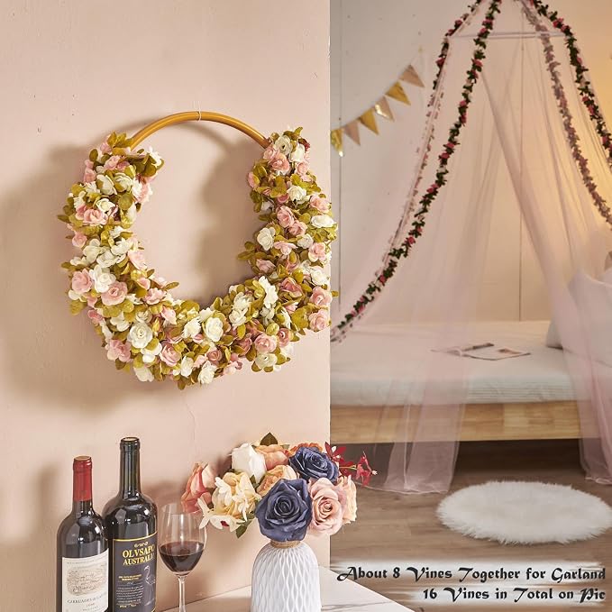 PONKING 6 Pcs x 8.2 ft Flower Garland Artificial Rose Vine Flowers with Green Leaves Hanging Fake Roses Vine for Room Party Home Wedding Birthday Christmas Wall Arch Decor, Fall Pink Flower
