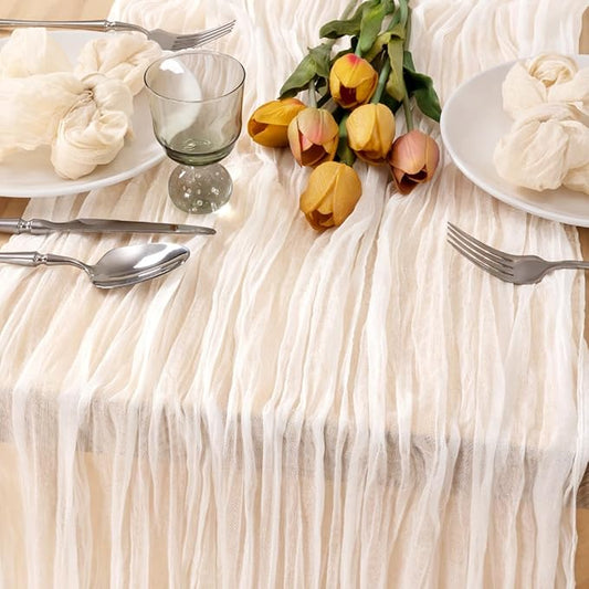 MLMC Ivory White Table Runner Rustic Gauze Cheesecloth Table Runner 10ft Cheese Cloth Centerpiece Decor 35x120 Inches for Dessert Anniversary Wedding Bridal Baby Shower Decor