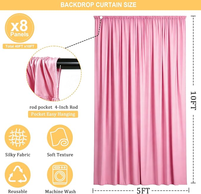 Gallety Pink Backdrop Curtain for Wedding, Polyester Photo Backdrop Drapes - 40FT x 10FT Party Curtain Backdrop with Rod Pockets for Celebration,Photography, Graduation,Engagement Party Decorations