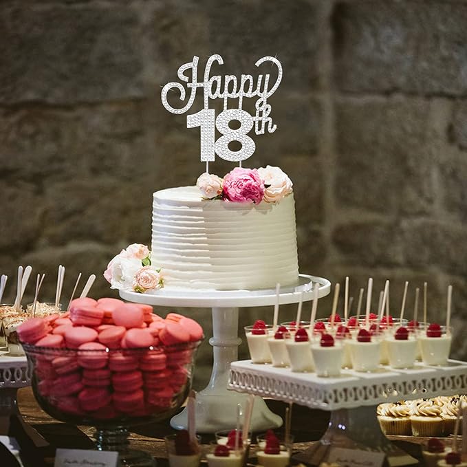 LINGTEER Happy 18th Birthday Silver Rhinestone Cake Topper - Cheers to 18th Birthday Eighteen Years Old Party Cake Centerpieces Topper Decorations Gift Sign.